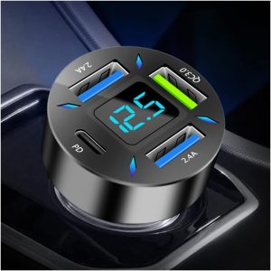 4 Ports USB Car Charger with Voltmeter & Super Fast Charging for iPhone and More