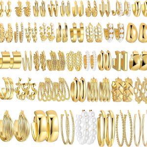 42 Pairs Gold Hoop & Chunky Pearl Earrings Set for Women