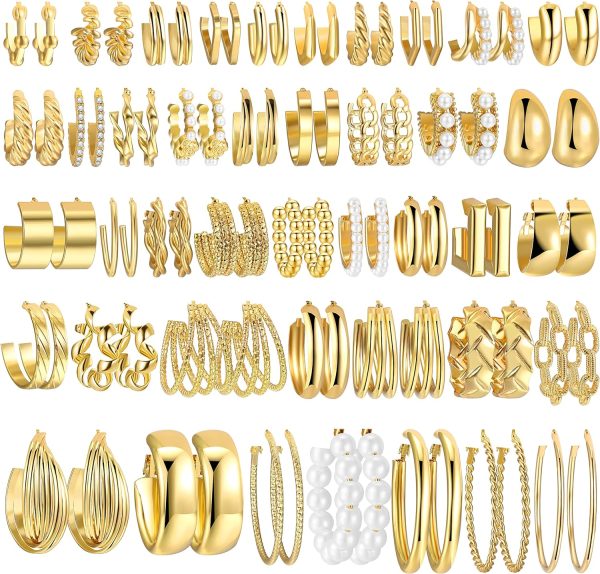 42 Pairs Gold Hoop & Chunky Pearl Earrings Set for Women