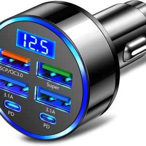 6 Ports Fast Car Charger with Voltage Monitor for iPhone and Android