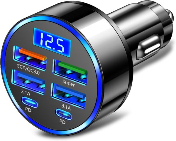 6 Ports Fast Car Charger with Voltage Monitor for iPhone and Android