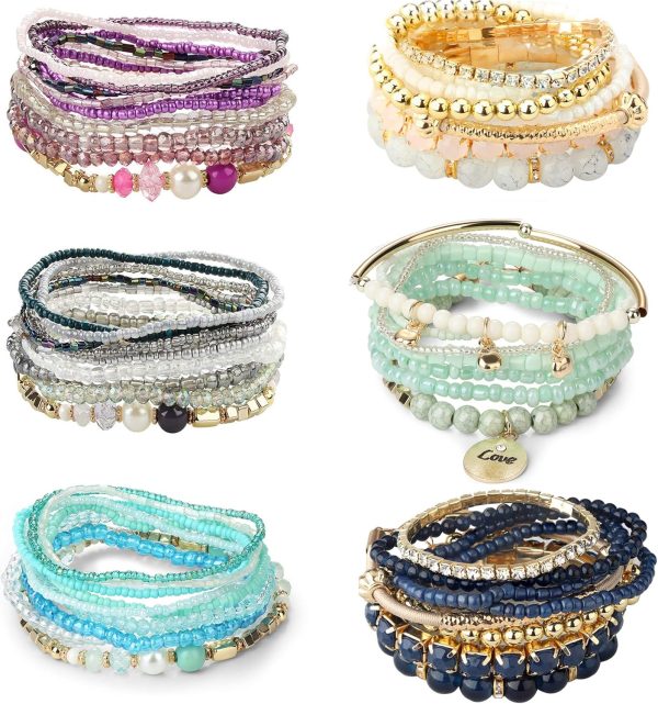 Bohemian Stackable Bead Bracelets Set for Women - Multilayered Stretch Jewelry