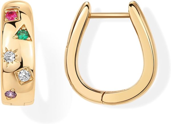 Chunky Huggie Earrings for Women - 14K Gold Plated with Multi-Colored Zirconia