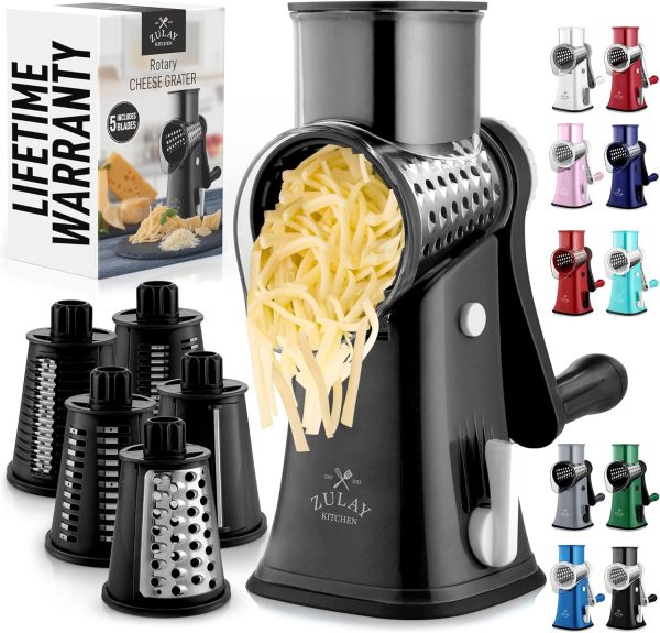 Effortless Cheese Grating with Zulay Rotary Grater - 5 Interchangeable Blades