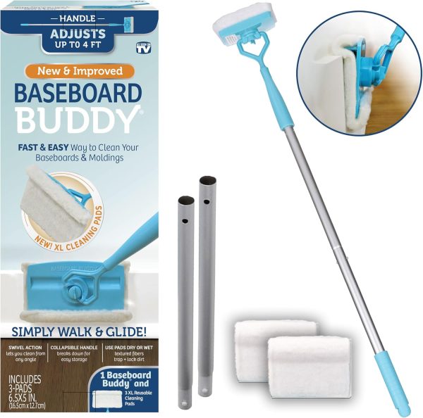 Effortlessly Clean Baseboards with Baseboard Buddy and Reusable Pads!