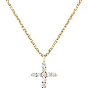 Elegant 14K Gold Plated Cross Necklace with Sparkling Cubic Zirconia for Women