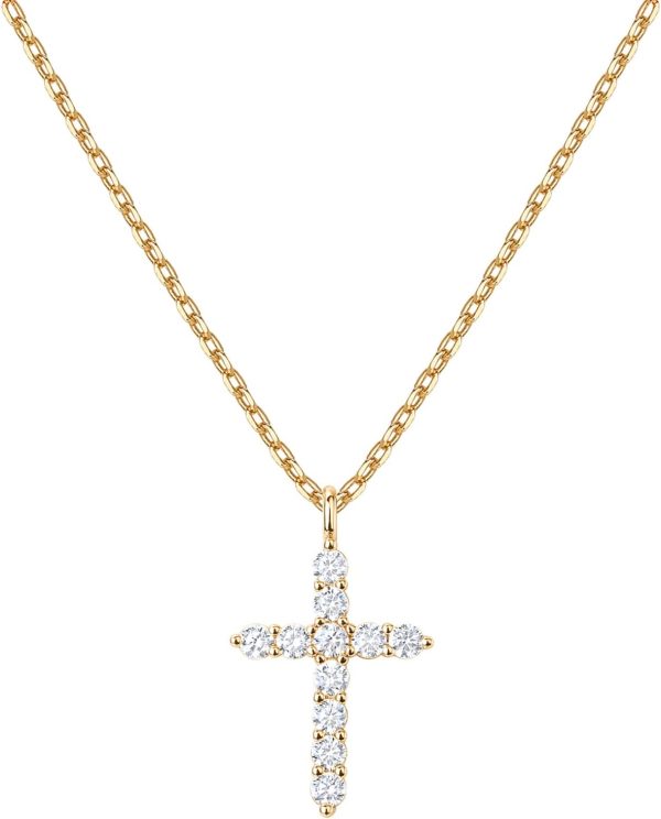 Elegant 14K Gold Plated Cross Necklace with Sparkling Cubic Zirconia for Women