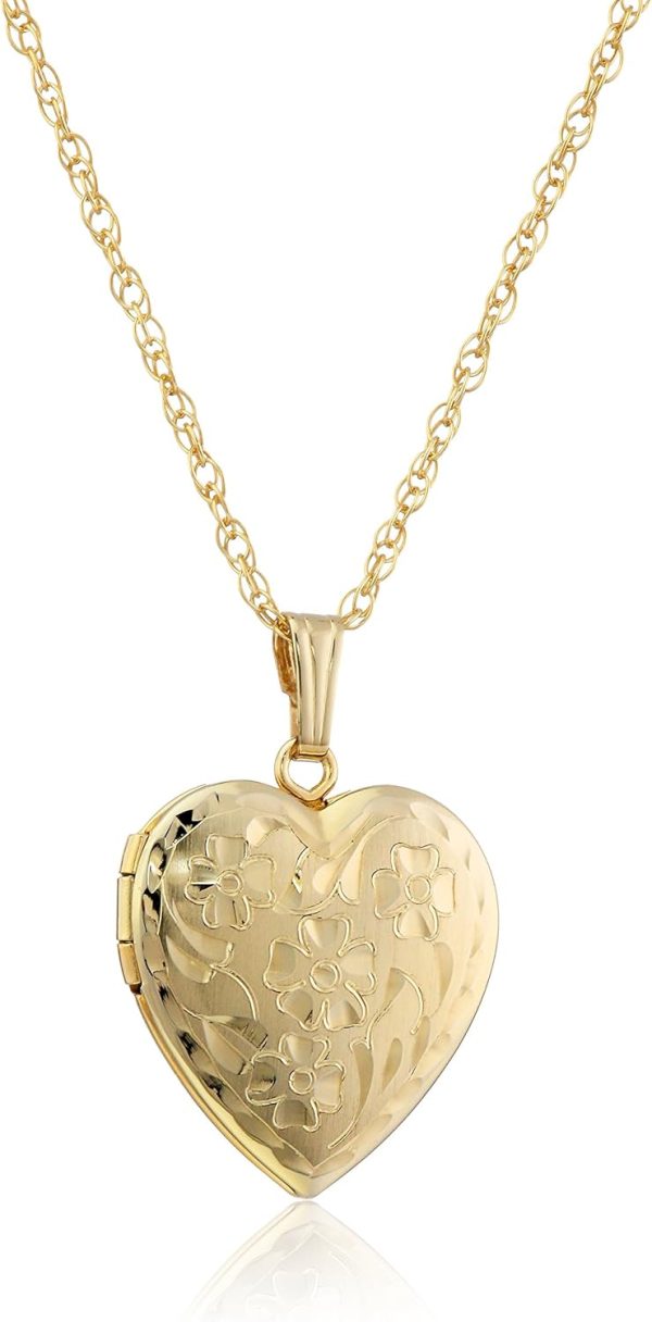 Elegant 14k Engraved Flower Heart Locket Necklace - Amazon Essentials 18"