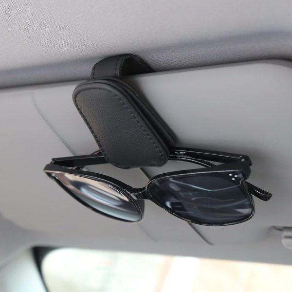 Magnetic Leather Sunglasses Holders for Car Visor - 2 Pack Black Clips