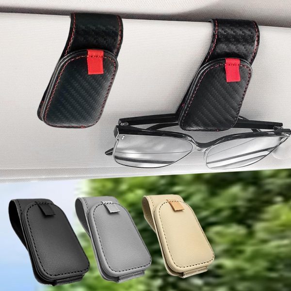 Magnetic Sunglass Holder for Car Visor - 2 Pack Leather Clips