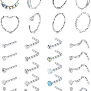 Mayhoop 20g Stainless Steel Nose Rings: 28Pcs L Shape Studs for All