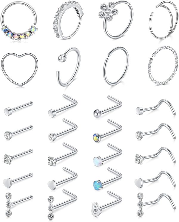 Mayhoop 20g Stainless Steel Nose Rings: 28Pcs L Shape Studs for All