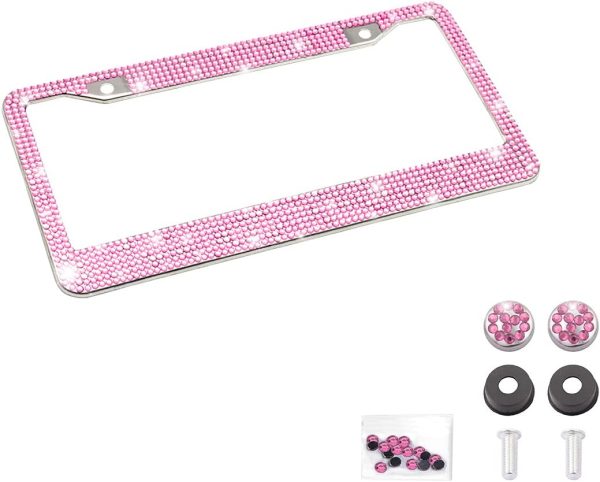 Sparkly Pink Crystal Car License Plate Frame for Women - Durable & Stylish