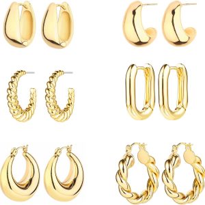 Stylish 14K Gold Hoop Earrings Set: Lightweight, Hypoallergenic & Chunky Design