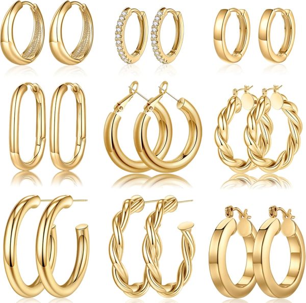 Stylish 14K Gold Plated Chunky Hoop Earrings Set for Women