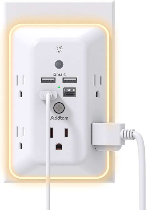 Surge Protector and Outlet Extender with Night Light - Addtam 5-Outlet Splitter with 4 USB Ports for Home Office and Dorm Room Essentials