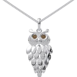 Vintage Owl Pendant Necklace with 1/6 Cttw Diamond in Sterling Silver