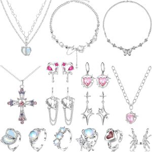 15Pcs Grunge Gothic Jewelry Set: Y2K Necklaces, Rings, and Earrings for Women