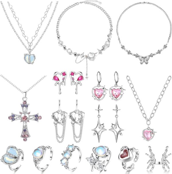 15Pcs Grunge Gothic Jewelry Set: Y2K Necklaces, Rings, and Earrings for Women