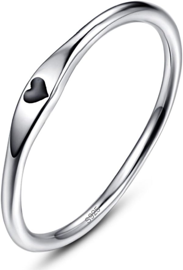 925 Sterling Silver Simple Carved Heart Wedding Band Stackable Promise Ring