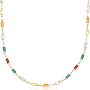 Barzel 18K Gold Plated Baguette Necklace with Multi Stone Crystals for Women