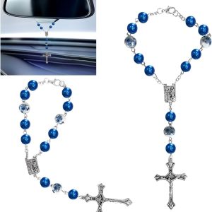 Blue Ceramic Car Rosary Charm for Rearview Mirror - Stylish Auto Decor