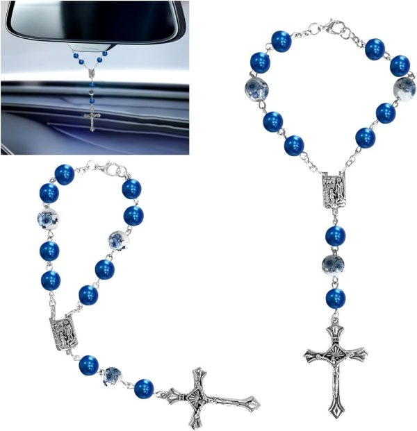 Blue Ceramic Car Rosary Charm for Rearview Mirror - Stylish Auto Decor