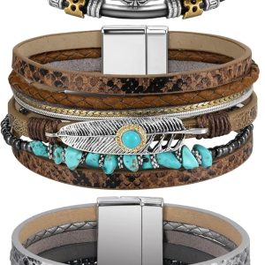 Bohemian Faux Leather Cuff Bracelets for Women - Multi Layer Crystal Jewelry