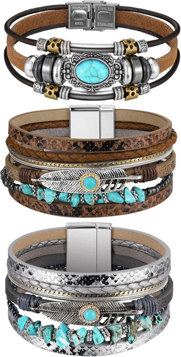 Bohemian Faux Leather Cuff Bracelets for Women - Multi Layer Crystal Jewelry