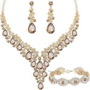 Bridal Rhinestone Jewelry Sets for Weddings: Choker, Earrings, and Bracelets