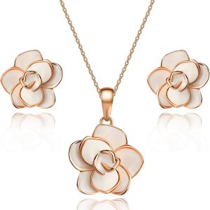 EVEVIC 18K Gold Plated Rose Flower Necklace and Earrings Jewelry Set for Women