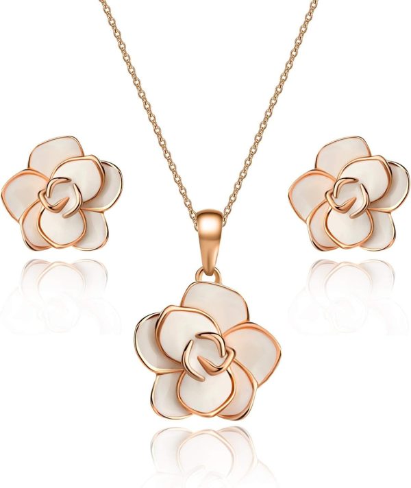 EVEVIC 18K Gold Plated Rose Flower Necklace and Earrings Jewelry Set for Women