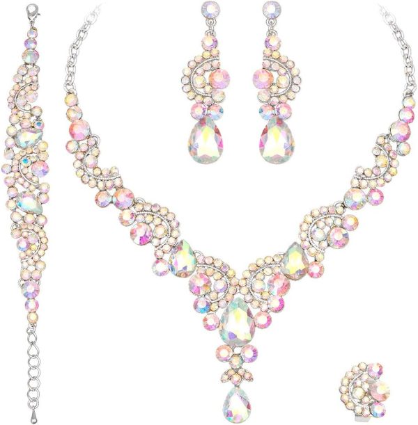 Elegant Crystal Jewelry Sets for Brides: Necklace, Earrings, Bracelet, and Ring