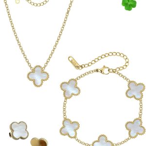 Elegant Four Leaf Clover Jewelry Set for Women: Necklace, Bracelet, Earrings & Ring