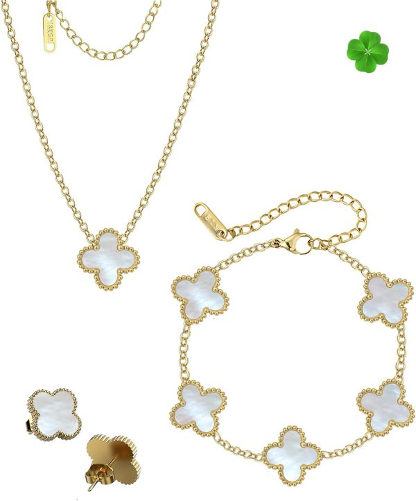 Elegant Four Leaf Clover Jewelry Set for Women: Necklace, Bracelet, Earrings & Ring