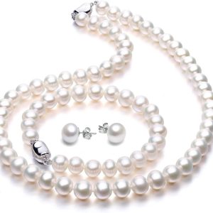 Freshwater Cultured Pearl Necklace Set with Bracelet and Stud Earrings for Women