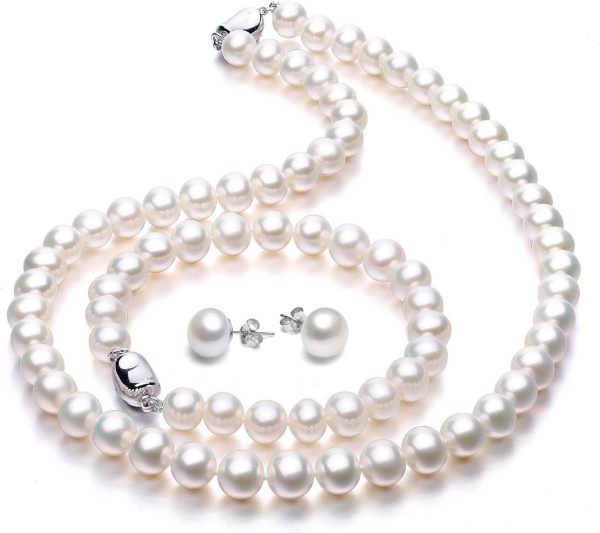 Freshwater Cultured Pearl Necklace Set with Bracelet and Stud Earrings for Women