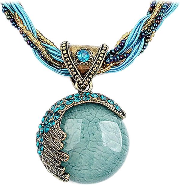 Handmade Retro Bohemian Turquoise Rhinestone Pendant Necklace for Women Fashion Jewelry