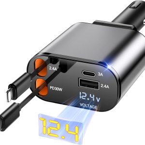 Retractable 4-in-1 Fast Car Charger for iPhone and Galaxy Devices