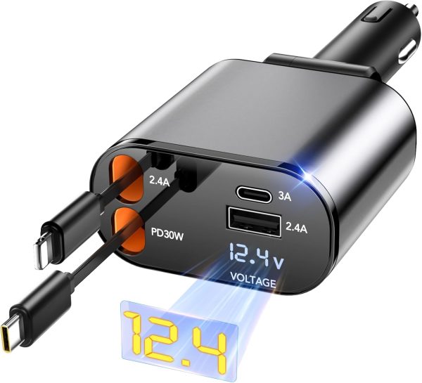 Retractable 4-in-1 Fast Car Charger for iPhone and Galaxy Devices