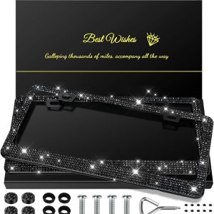 Sparkly Rhinestone License Plate Frames for Women - 2 Pack Car Accessories