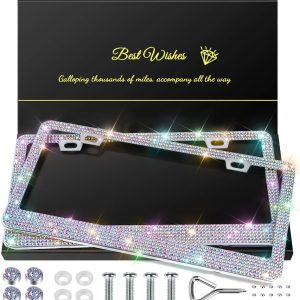 Sparkly Rhinestone License Plate Frames for Women - Colorful Car Accessories