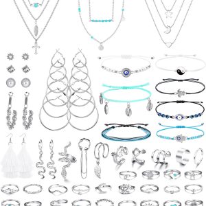 Stylish 52 Pcs Jewelry Set for Women: Necklaces, Bracelets, Earrings & Rings