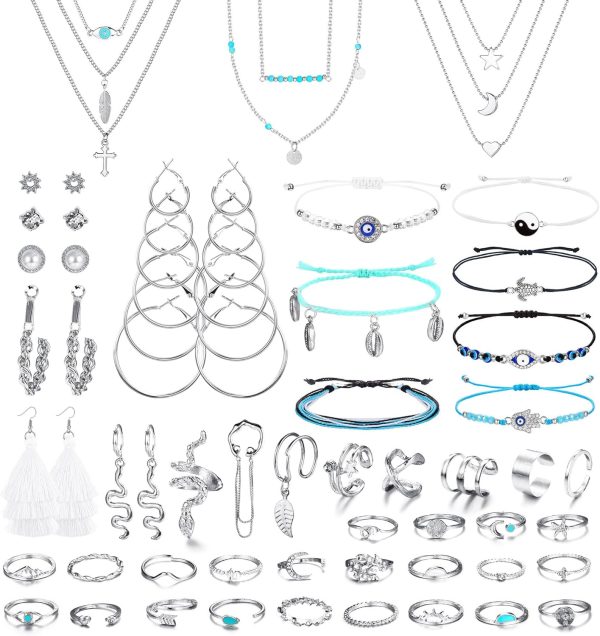 Stylish 52 Pcs Jewelry Set for Women: Necklaces, Bracelets, Earrings & Rings