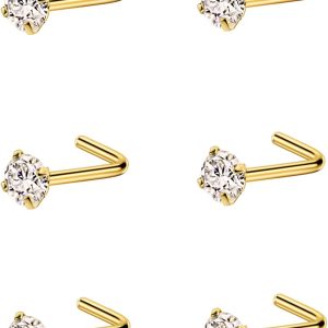 Stylish L Shaped Nose Studs in Surgical Steel with Cubic Zirconia