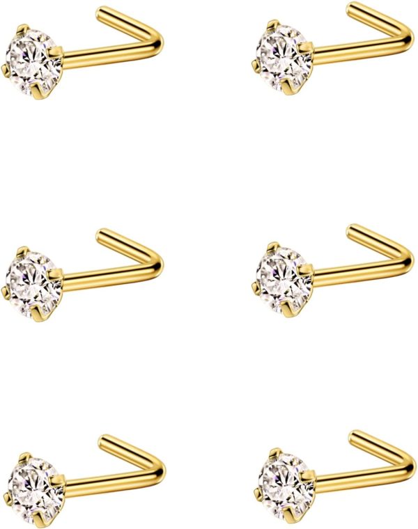 Stylish L Shaped Nose Studs in Surgical Steel with Cubic Zirconia