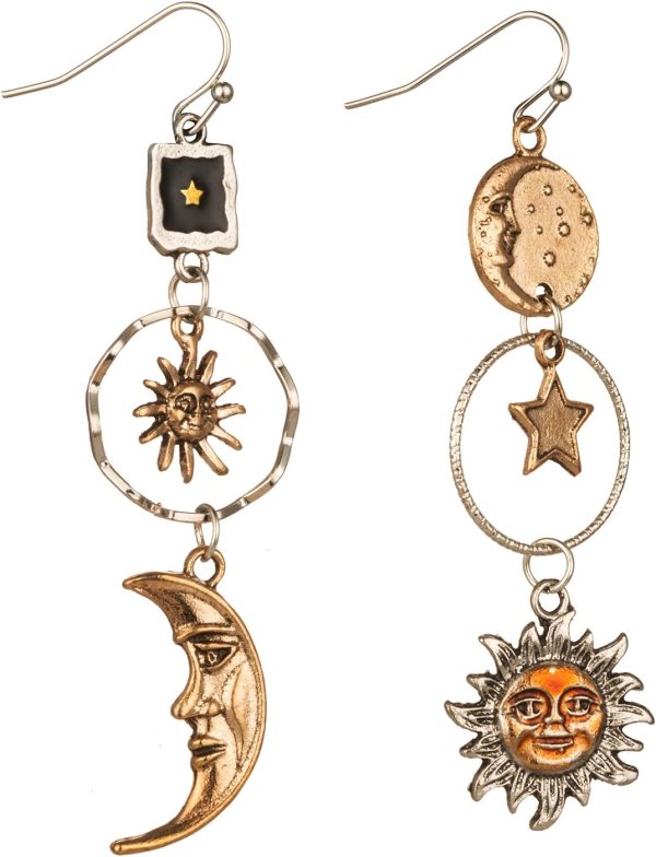 Vintage Gold Sun Moon Star Dangle Earrings Inspired by Greek Mythology