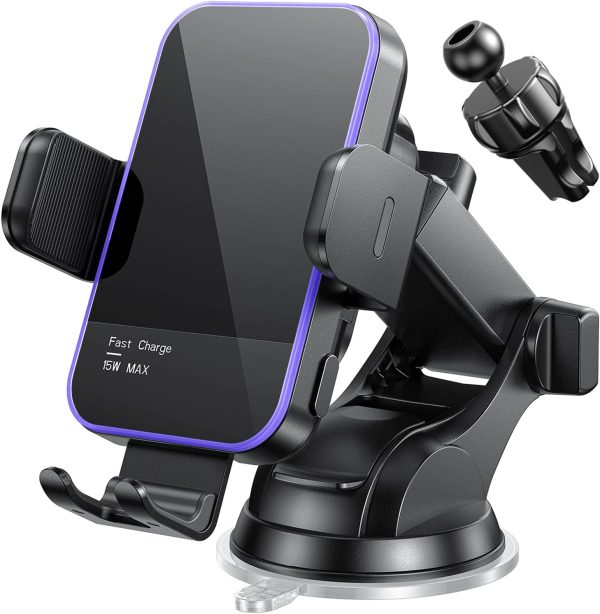 Wireless Car Charger with RGB Backlight - 15W Auto Clamping Phone Holder